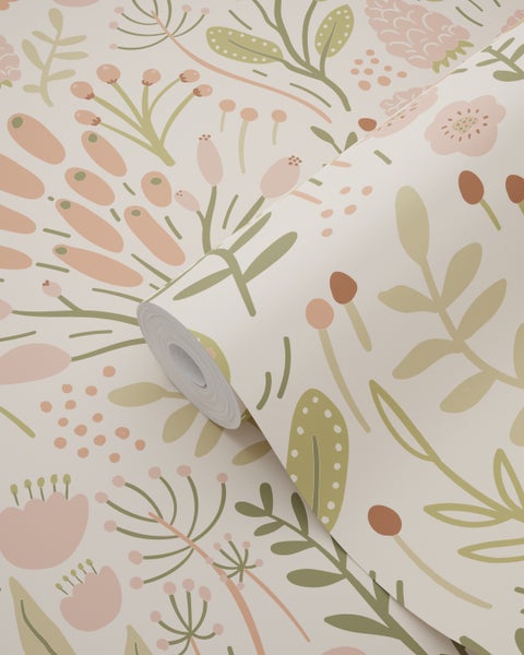 ESTAhome Tapete Blätter und Blumen Olivgrün und Terrakotta - 50 x 900 cm - 131390