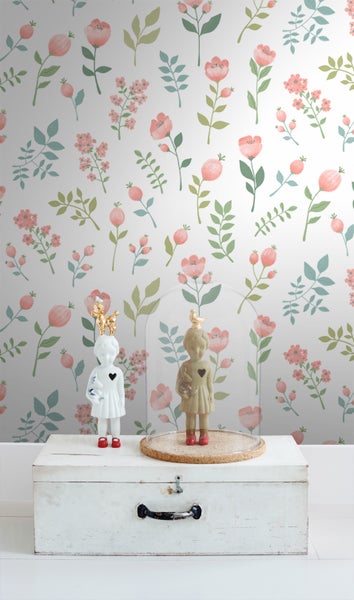 ESTAhome Tapete Blumen Rosa und Graugrün - 50 x 900 cm - 139977