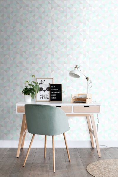 Origin Wallcoverings Tapete Dreiecke Pastellviolett, Pastell Mintgrün, Silbergrau und Pastellblau - 53 cm x 10.05 m - 337205