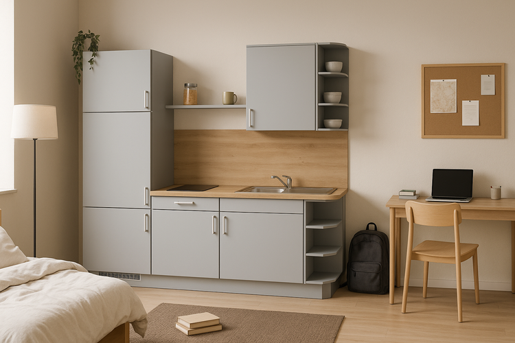 Kompakte Küchenzeile mit Kühlschrank, Kochfeld, Spüle und Stauraum in einem Wohnraum mit Bett und Schreibtisch.