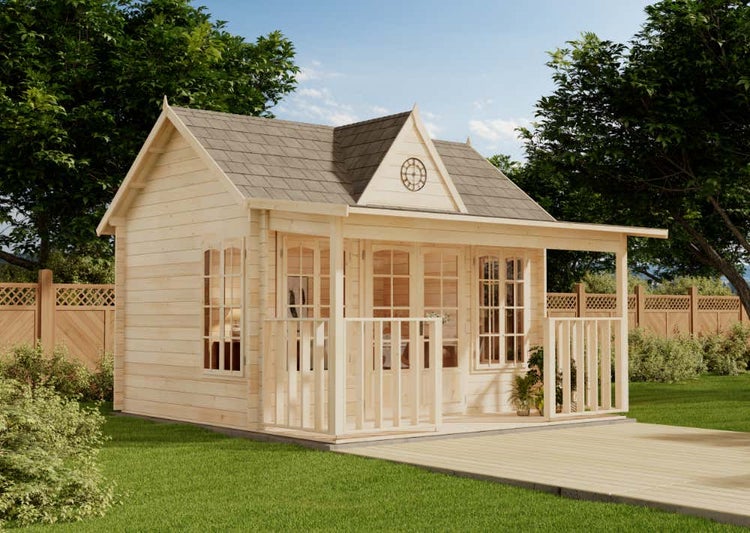 Alpholz Gartenhaus CLOCKHOUSE® Oxford 44 ISO Gartenhaus aus Holz, Holzhaus mit 44 mm Wandstärke inklusive Terrasse, Blockbohlenhaus mit Montagematerial, Naturbelassen 4,2x3,2m