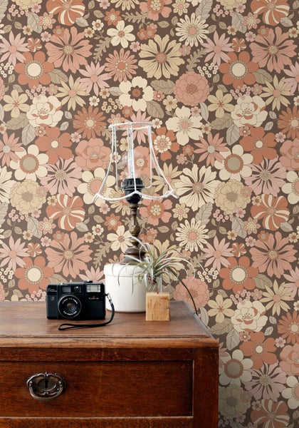 ESTAhome Tapete Retro Blumen Altrosa und Beige - 53 cm x 10.05 m - 130966