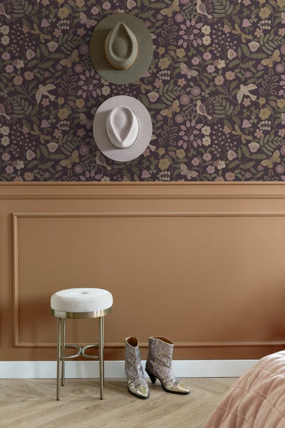 ESTAhome Tapete Blumen und Vögel Aubergineviolett, Olivgrün und Violett - 53 cm x 10.05 m - 139871