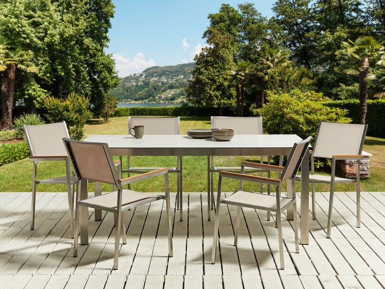 Gartenmöbel Set 6-Sitzer COSOLETO/GROSSETO Sicherheitsglas Marmor Optik Weiß / Beige