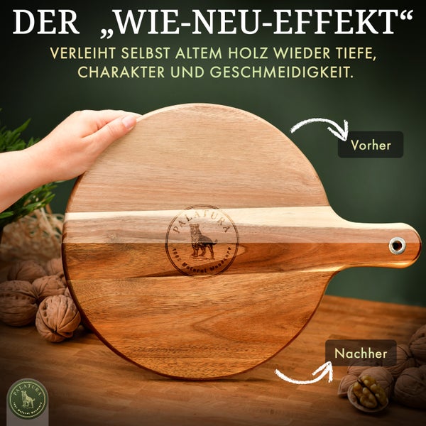 Vorher Nachher Effekt auf einem Holzbrett mit Palatura Logo