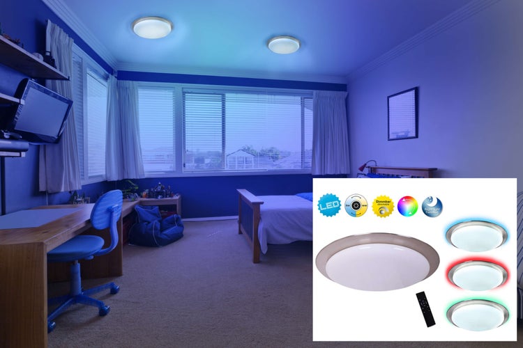 Schlafzimmer mit LED Deckenleuchte und verschiedenen Farbmodi