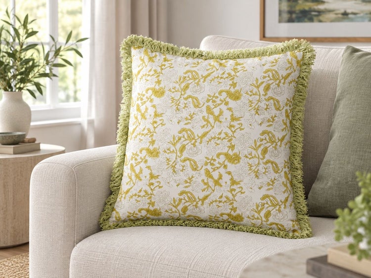 Quadratisches Zierkissen mit floralem Muster und Fransenborte auf einem hellen Sofa in einem Wohnzimmer