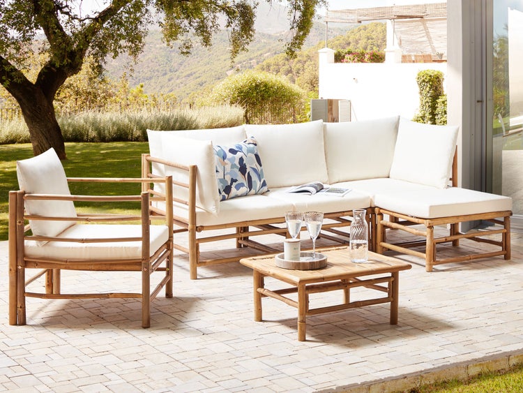 Lounge Set mit Tisch 5-Sitzer CERRETO linksseitig Bambusholz Cremeweiß