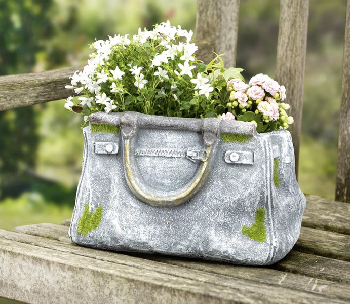 Dekoleidenschaft Blumentopf Handtasche in Stein Optik, Pflanztopf in Taschenform, Pflanzgefäß, Gartendeko für Draußen, Pflanzschale