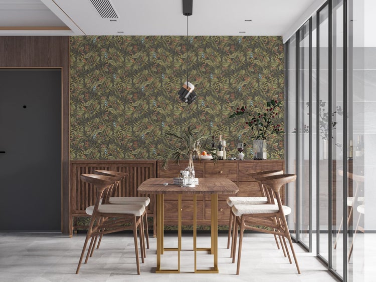 Detailaufnahme einer Tapete mit Dschungel-Motiv