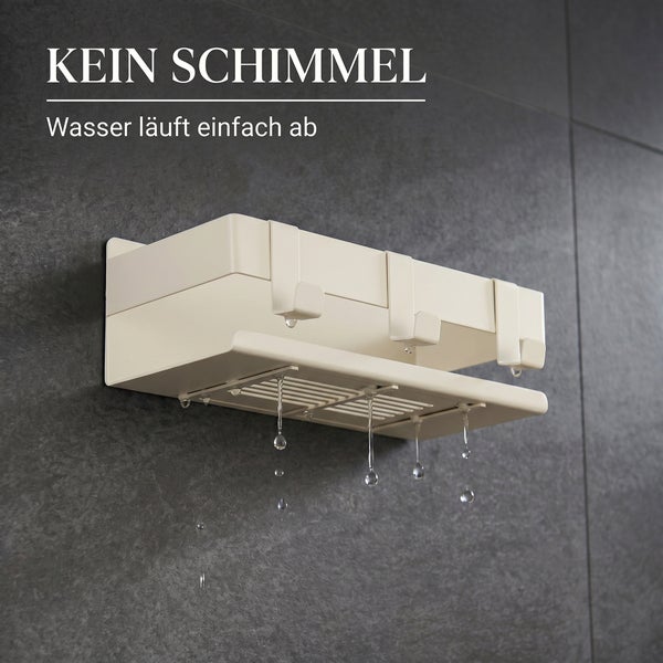 Duschablage mit Wasserablauf zur Vermeidung von Schimmel, Wasser tropft durch Lamellen an der Unterseite ab.