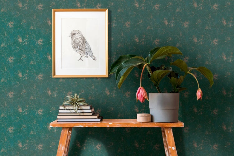 Dekorative Szene mit gerahmtem Vogelbild, Zimmerpflanze im Topf und Bücherstapel auf einem Holztisch vor einer gemusterten Tapete.