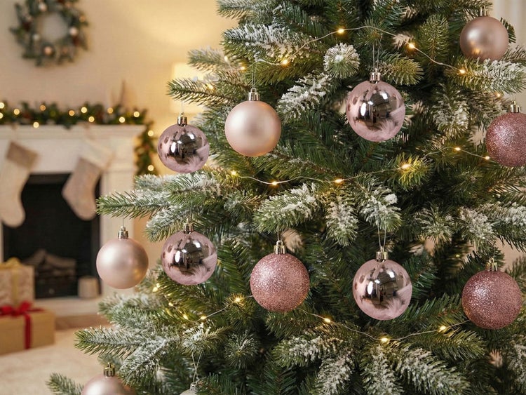 Weihnachtsbaum mit glänzenden, matten und glitzernden Christbaumkugeln sowie einer Lichterkette in einem festlich dekorierten Raum.