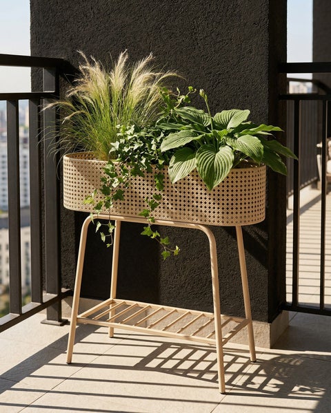Ovaler Pflanzenständer mit Wiener Geflecht und Metallgestell, bepflanzt mit Grünpflanzen und Ziergras auf einem Balkon.