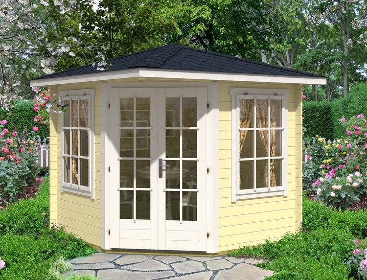 Alpholz 5-Eck Gartenhaus Modell Sunny-C Gartenhaus aus Holz, Holzhaus mit 28 mm Wandstärke, Blockbohlenhaus mit Montagematerial