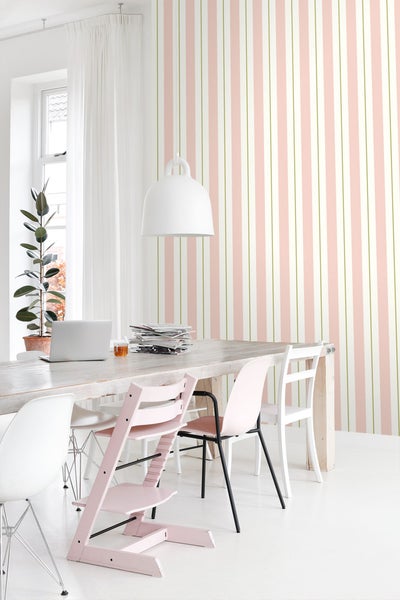 ESTAhome Tapete Streifen Hellrosa und Olivgrün - 50 x 900 cm - 131478