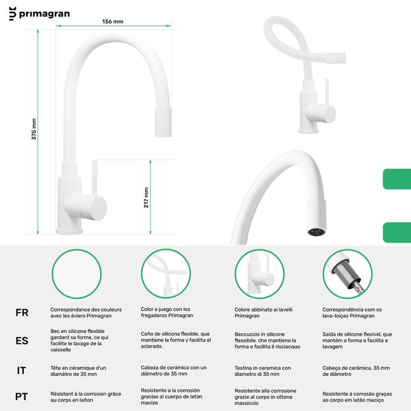 Produktbild einer Küchenarmatur mit Maßen 136 mm, 375 mm und 217 mm