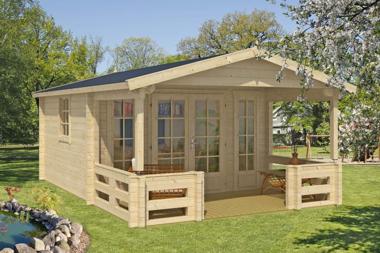 Alpholz Gartenhaus Lappland-A ISO Gartenhaus aus Holz, Holzhaus mit 70 mm Wandstärke inklusive Terrasse FSC zertifiziert, Blockbohlenhaus mit Montagematerial, Naturbelassen 3,9x5,8m