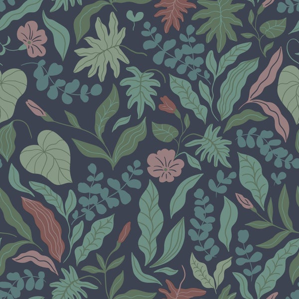 ESTAhome Tapete Blätter und Blumen Dunkelblau, Grün und Rosa - 50 x 900 cm - 131054