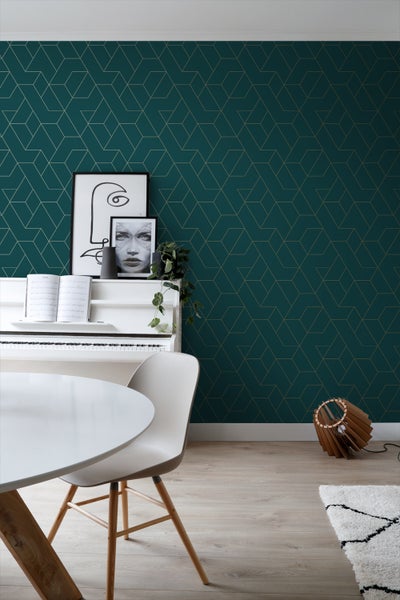 ESTAhome Tapete grafische Linien Petrolblau und Gold - 50 x 900 cm - 139947