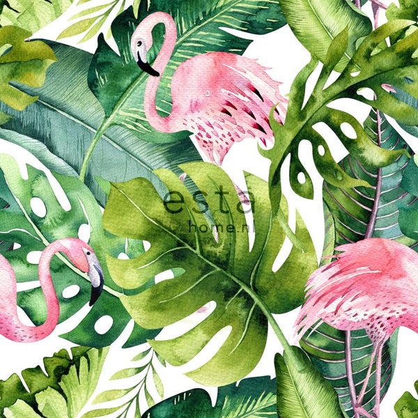 ESTAhome XXL-Vliestapete tropische Blätter mit Flamingos Grün und Rosa - 50 x 900 cm - 158895