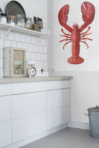 Helle Küche mit Wandtattoo eines Hummers, Ablagefläche, Waagen und Utensilien auf Regalen