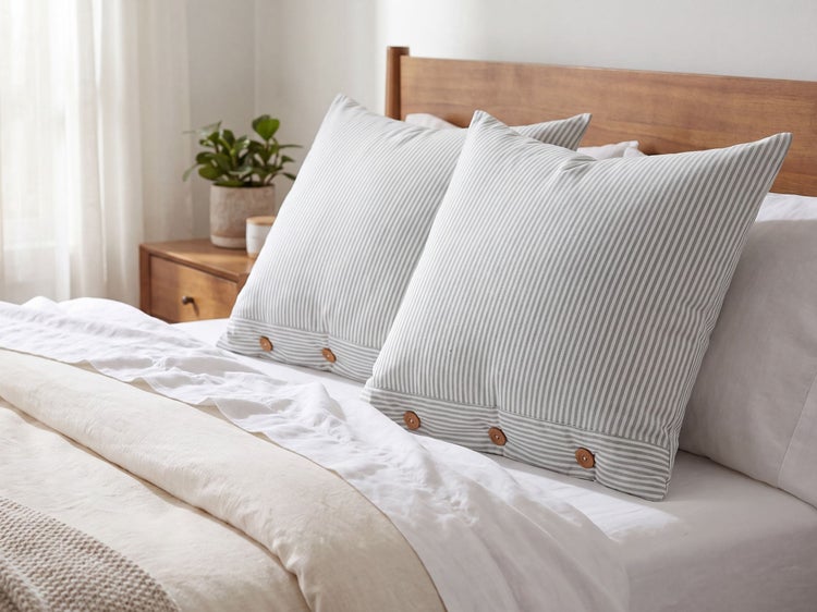 Zwei quadratische Kissen mit gestreiftem Bezug und Knopfverschluss auf einem bezogenen Bett in einem modernen Schlafzimmer.