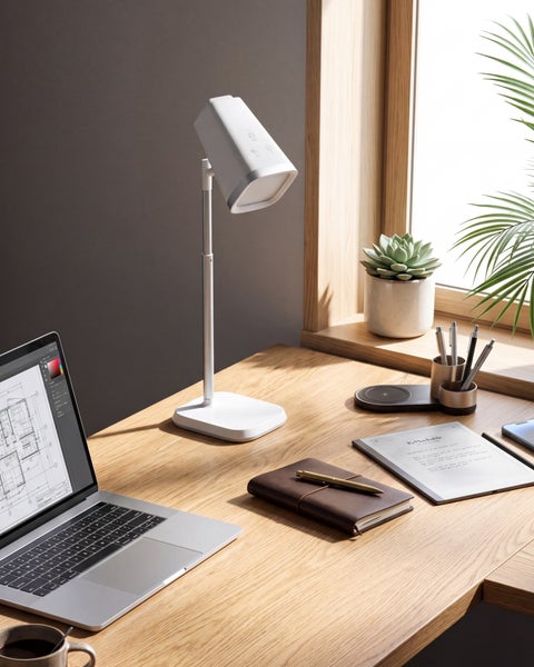 Moderne weiße LED-Schreibtischleuchte auf einem hellen Holzschreibtisch neben einem Laptop und Arbeitsutensilien in einer organisierten Umgebung.