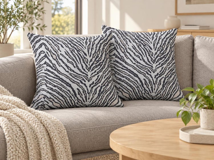 Zwei quadratische Dekokissen mit Zebra-Muster auf einem Sofa in einem hellen, wohnlich eingerichteten Raum.