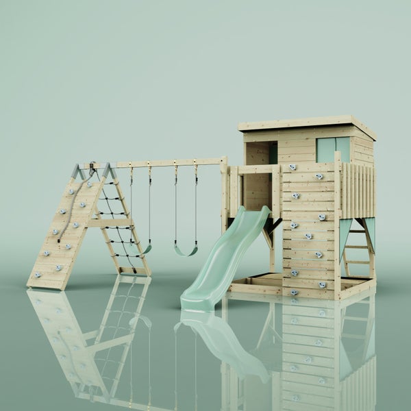 Spielturm aus Holz mit Spielhaus, Rutsche, Doppelschaukel, Kletterwand und Strickleiter.