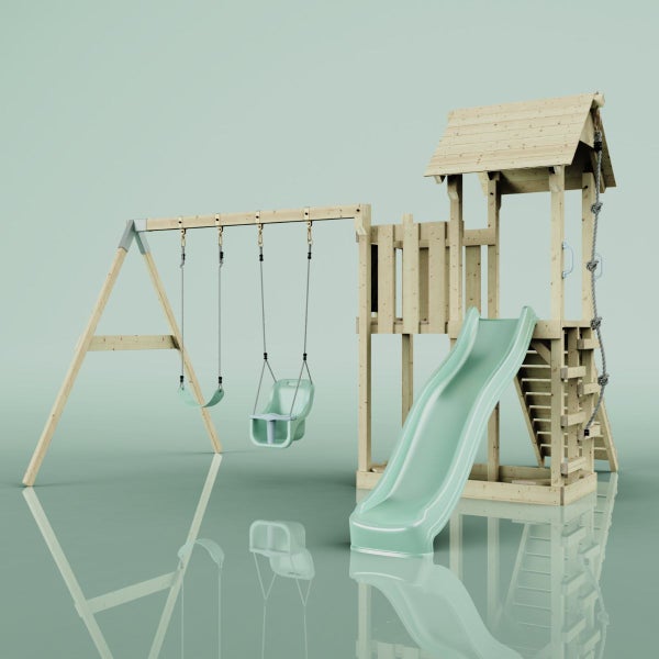 Spielplatz mit Rutsche, Schaukel und Kletterturm aus Holz