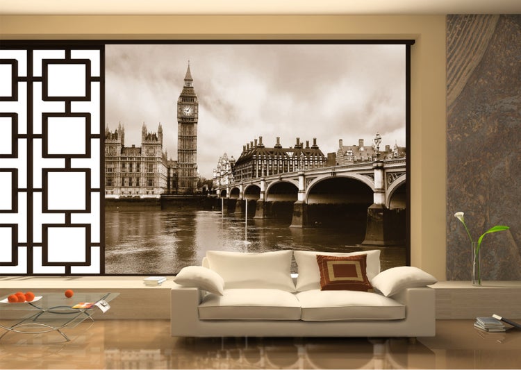 Wohnzimmer mit London-Fototapete, Sofa und Wohnzimmermöbeln für ein stilvolles Interieur