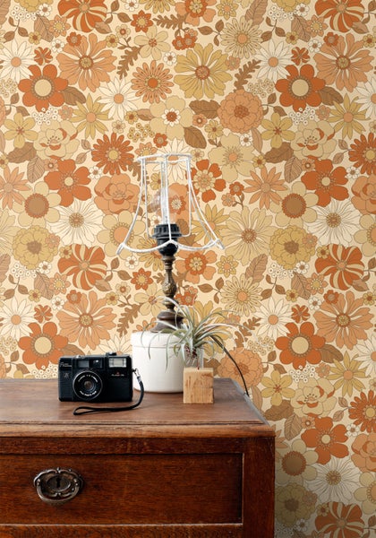 ESTAhome Tapete Retro Blumen Orange - 53 cm x 10.05 m - 130963