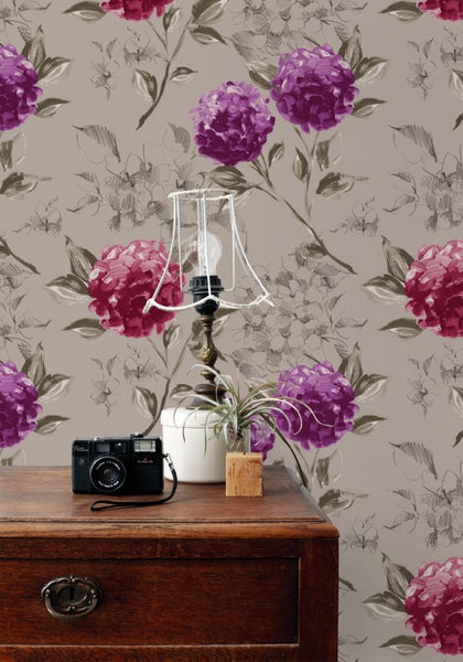 ESTAhome Tapete Hortensien Taupe und Aubergineviolett - 53 cm x 10.05 m - 128024