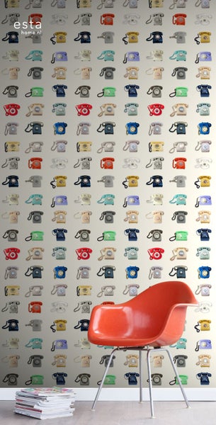 ESTAhome XXL-Vliestapete Retro-Telefone Beige, Grau, Rot und Blau - 50 x 900 cm - 158503