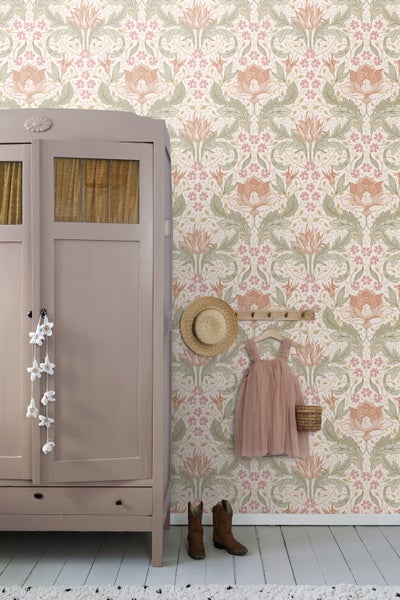 ESTAhome Tapete Blumenmuster im Jugendstil Beige, Rosa und Grün - 50 x 900 cm - 131078