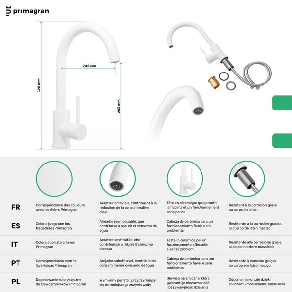 Produktinformationen zu einer Küchenarmatur von Primagran mit Maßangaben und Hinweisen zu Eigenschaften wie austauschbarem Belüfter und Keramik Kopf.