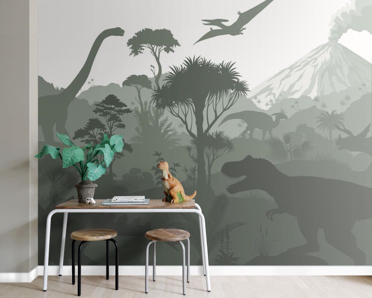Wandgestaltung mit Dinosaurier-Motiv im Kinderzimmer, mit Tisch und Stühlen