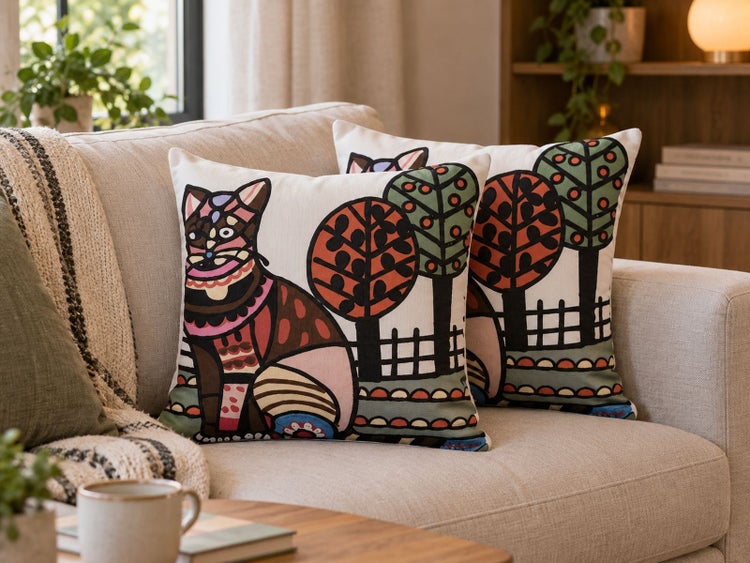 Zwei quadratische Dekokissen mit illustriertem Katzenmotiv und Bäumen auf hellem Grund, platziert auf einem Sofa in einem gemütlichen Wohnzimmer.