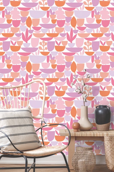 ESTAhome Tapete Keramik und Pflanzen Rosa, Lila und Orange - 50 x 900 cm - 131075