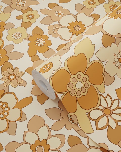 ESTAhome Tapete Retro Blumen Gelb und Orange - 50 x 900 cm - 131531