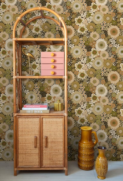 ESTAhome Tapete Retro Blumen Olivgrün und Orangebraun - 50 x 900 cm - 131317