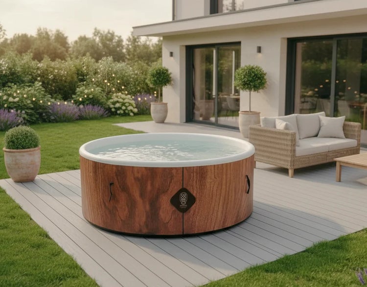 Runder Whirlpool in Holzoptik auf einer Holzterrasse vor einem modernen Haus mit gepflegtem Garten und Outdoor-Möbeln.