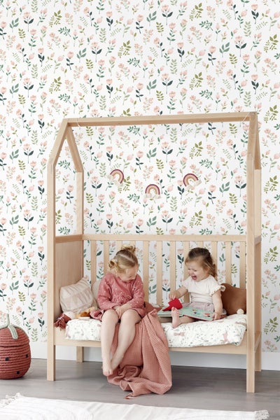 ESTAhome Tapete Blumen Weiß, Rosa und Grün - 53 cm x 10.05 m - 139339