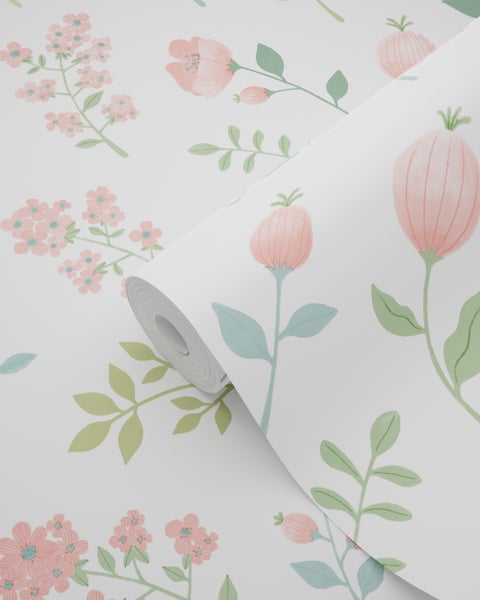 ESTAhome Tapete Blumen Rosa und Graugrün - 50 x 900 cm - 139977