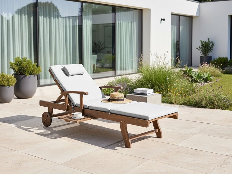 Holzliege mit Polsterauflage und Rädern auf einer Terrasse