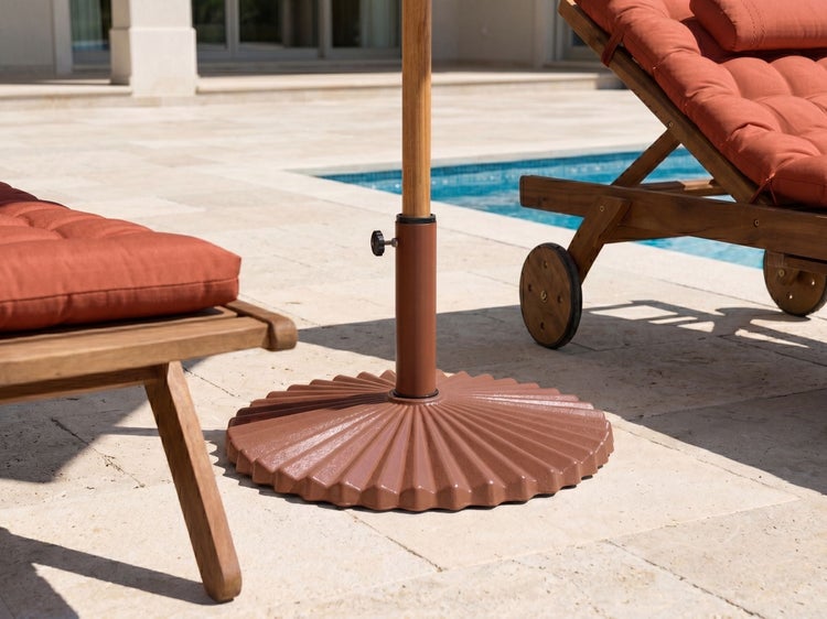 Sonnenschirmständer mit gefaltetem Design auf einer hellen Steinterrasse neben einem Pool und gepolsterten Sonnenliegen aus Holz.