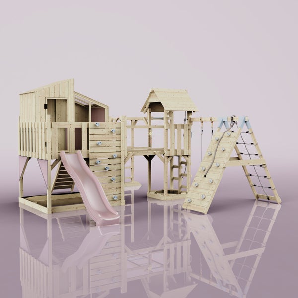 Holzspielplatz mit Rutsche, Kletterwand und Spielhaus