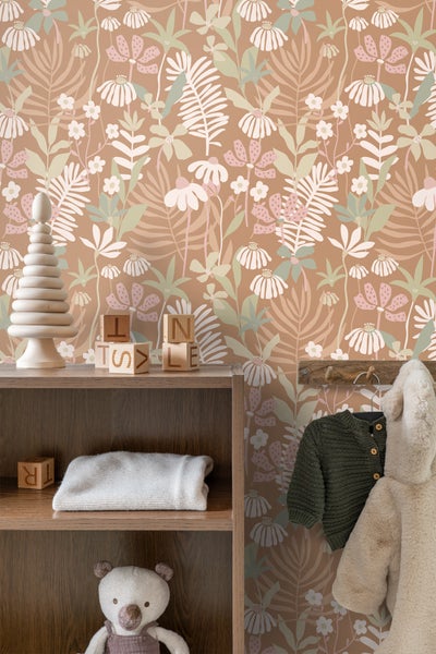ESTAhome Tapete tropische Blätter und Blüten Hellbraun und Mehrfarbig - 50 x 900 cm - 130996
