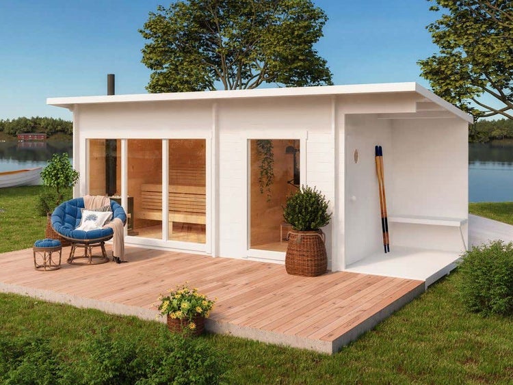 Polhus Alpholz Sauna Henri Gartensauna 2 Sitzbänke aus Holz, Sauna mit 44 mm Wandstärke, Außensauna mit Montagematerial, Naturbelassen